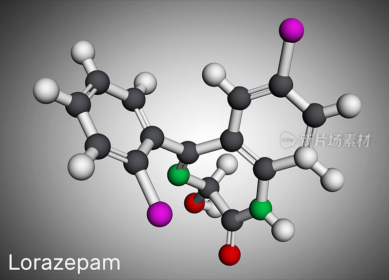 氯羟去甲安定,分子。它是苯二氮卓类药物，具有镇静和抗焦虑作用，用于治疗惊恐障碍，严重焦虑，癫痫。分子模型。3 d渲染。